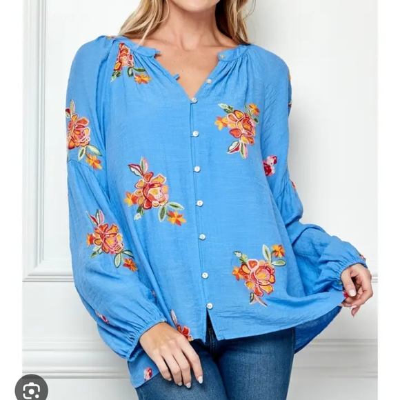 figueroa & flower Tops - Figueroa & Flower Embroidered Papaya Floral Gauze Blouse Womens M Blue Artsy